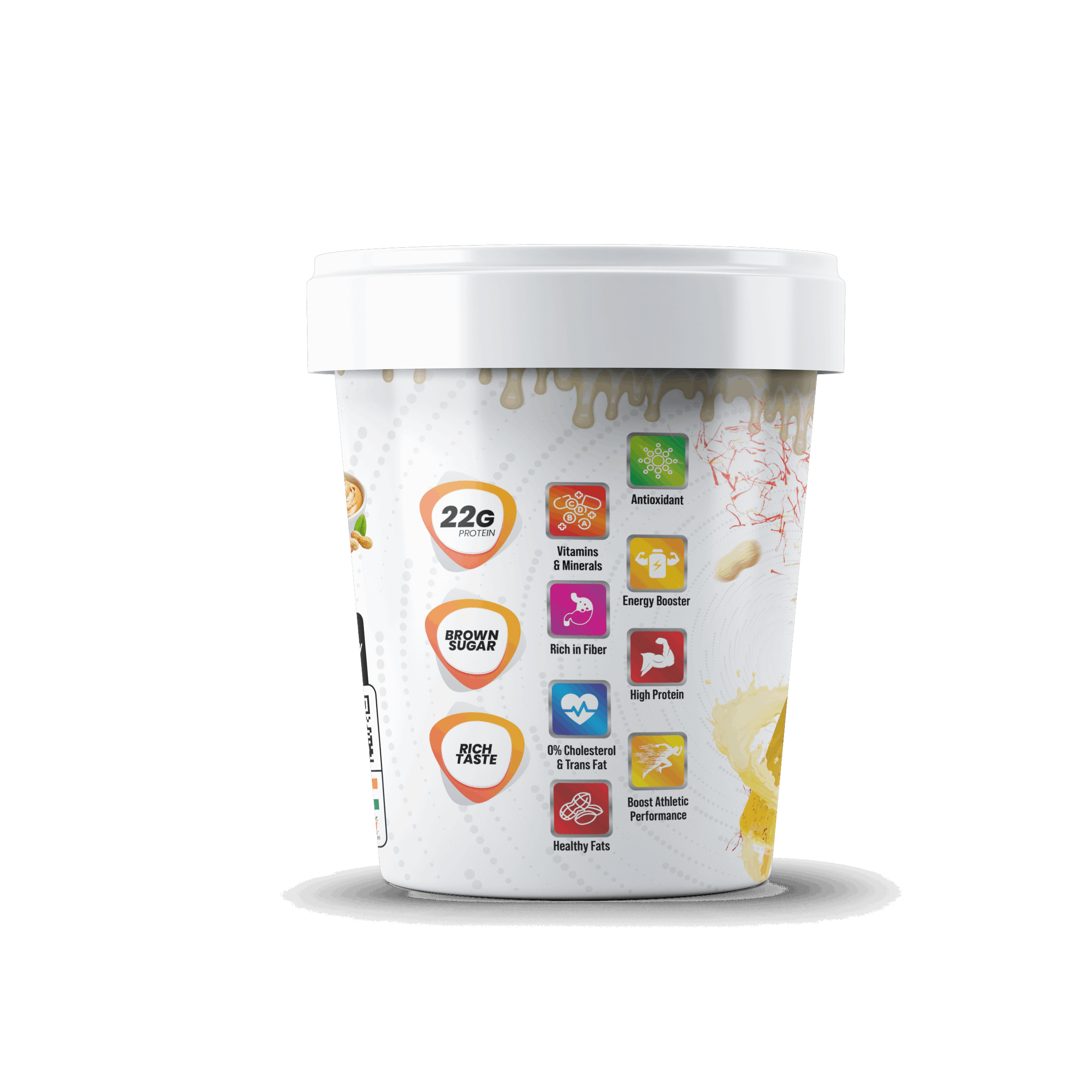 Container with nutritional information icons on a white background
