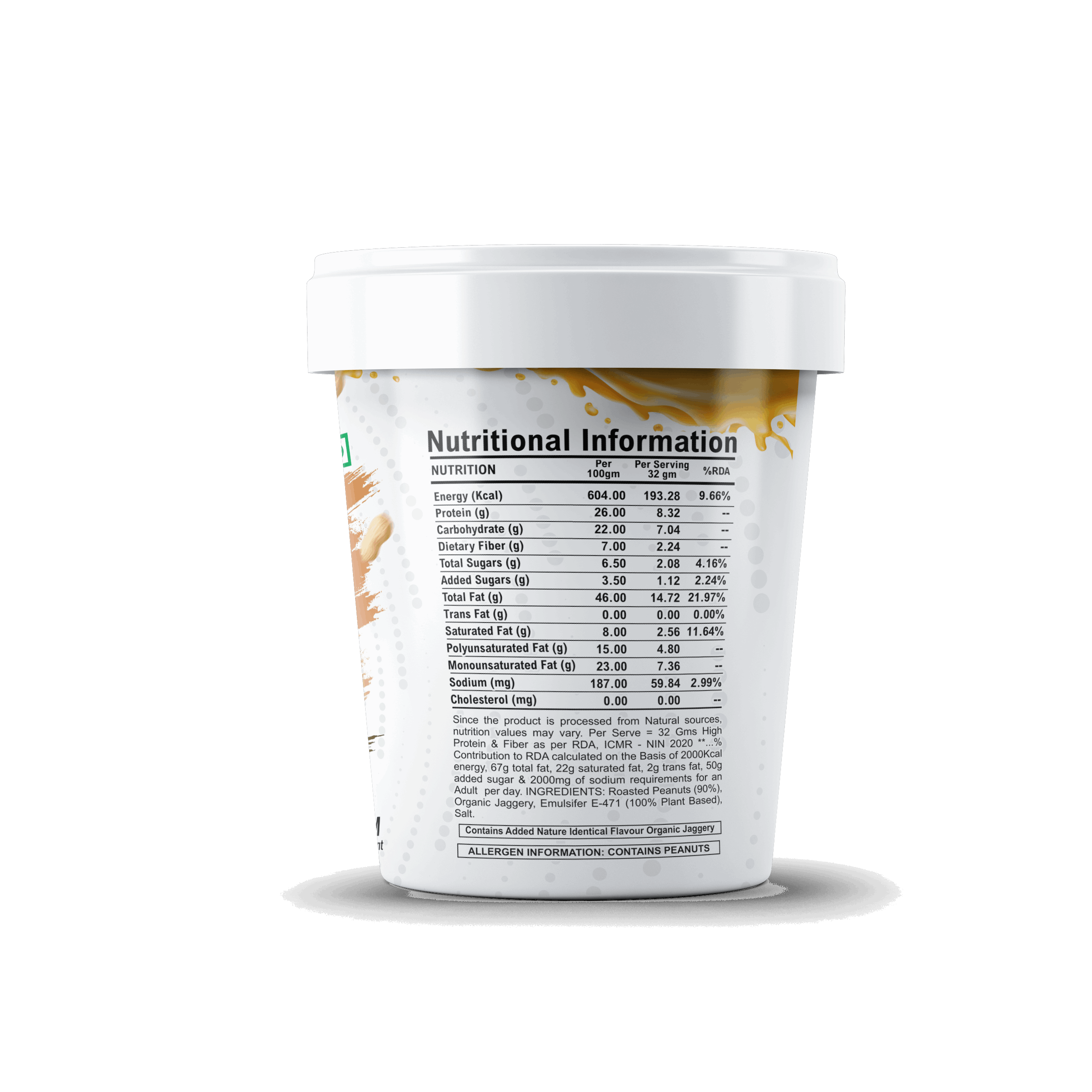 Nutritional information label on a container with a white background