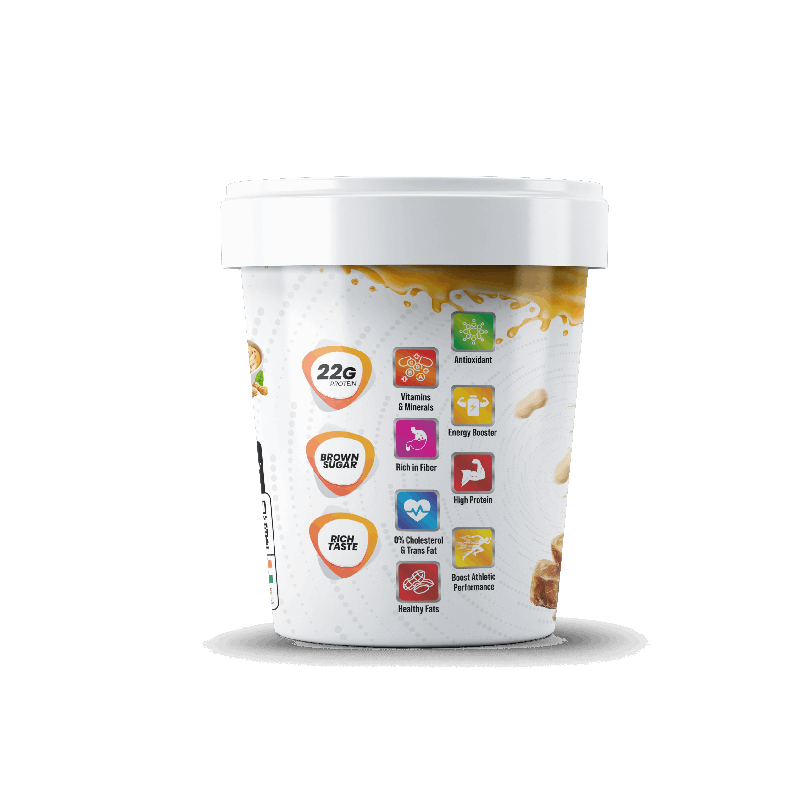 Container with nutritional information icons on a white background