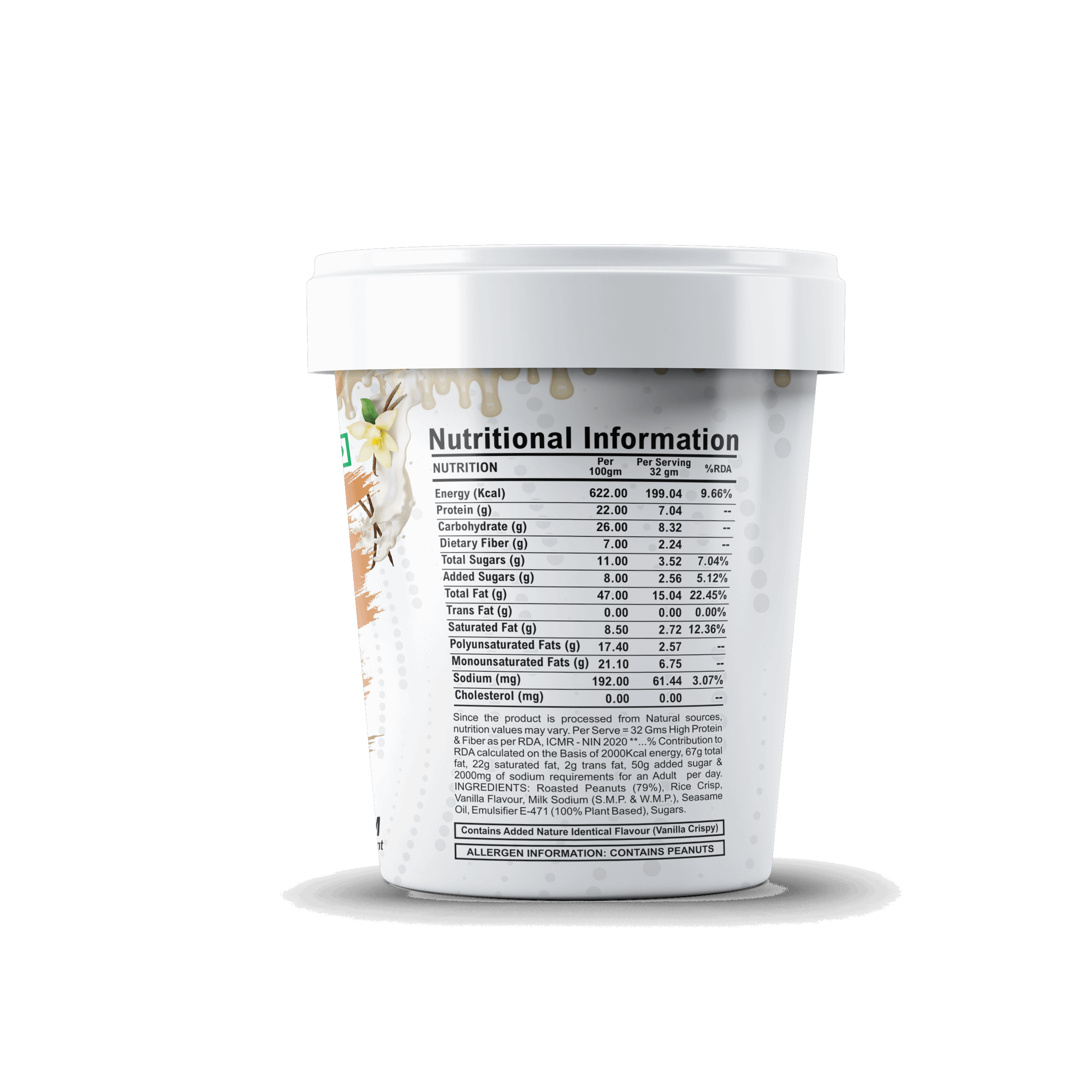 Container with nutritional information label on a white background