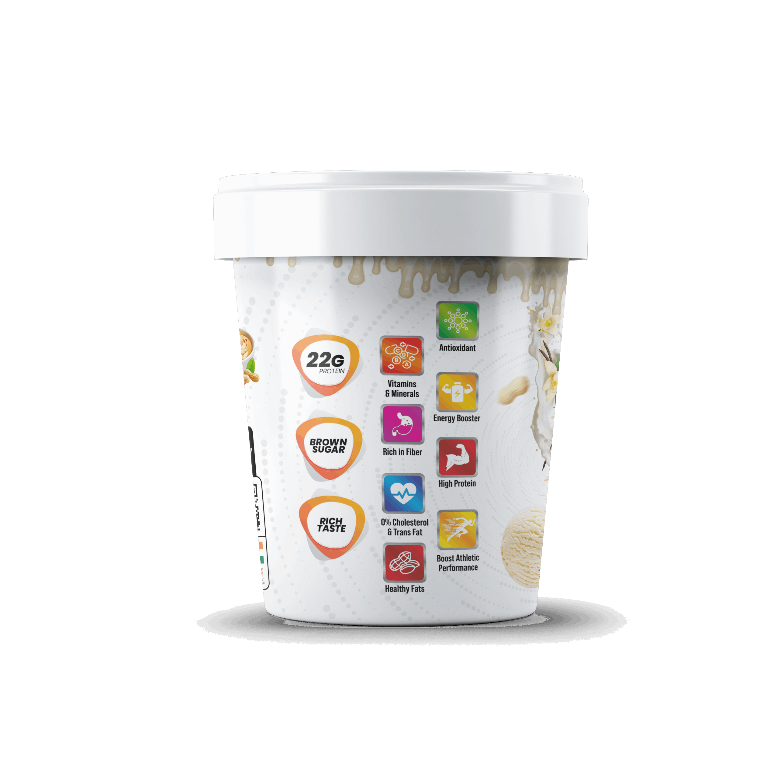 Container with nutritional information icons on a white background