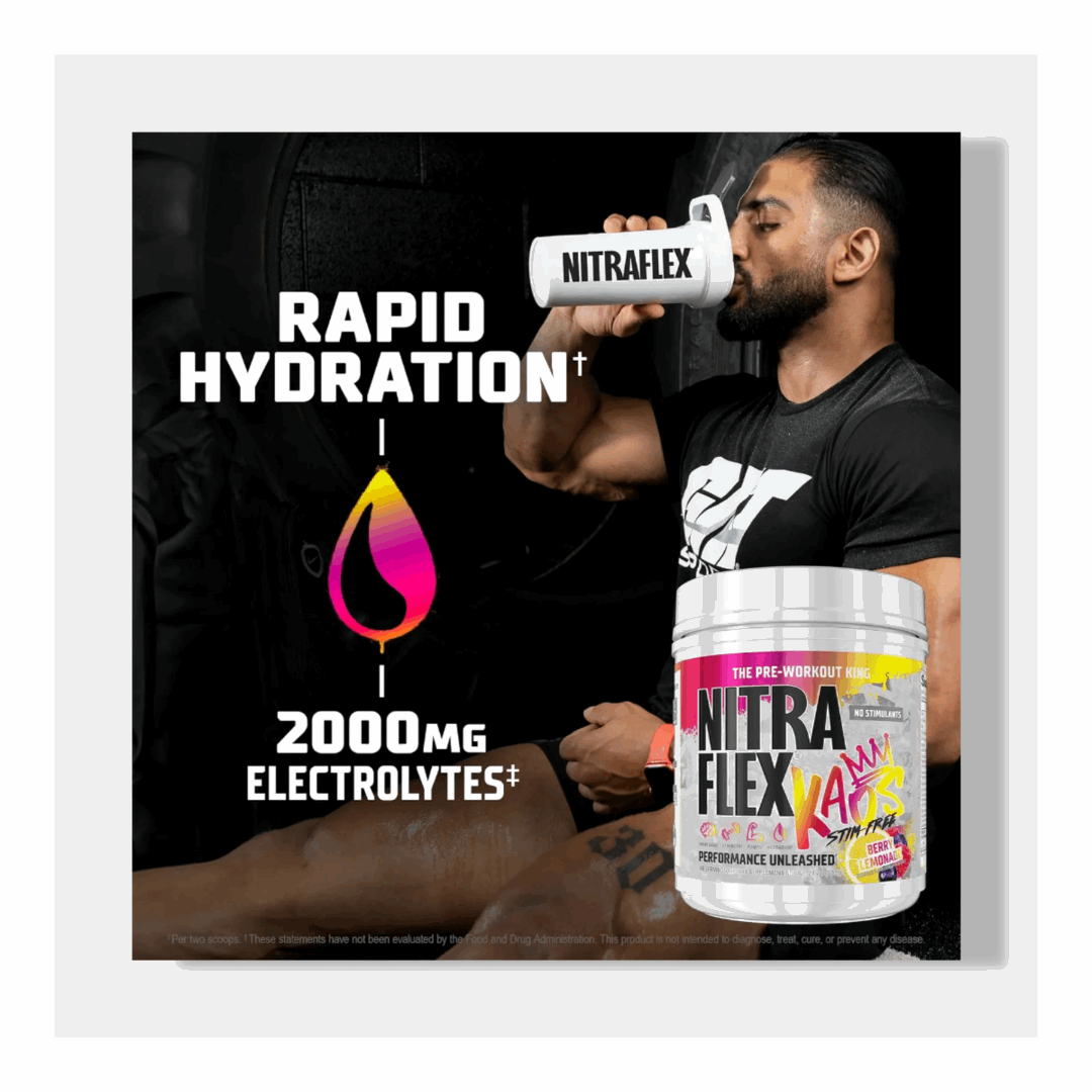 Person holding a Nitraflex supplement container with promotional text about rapid hydration and electrolytes.