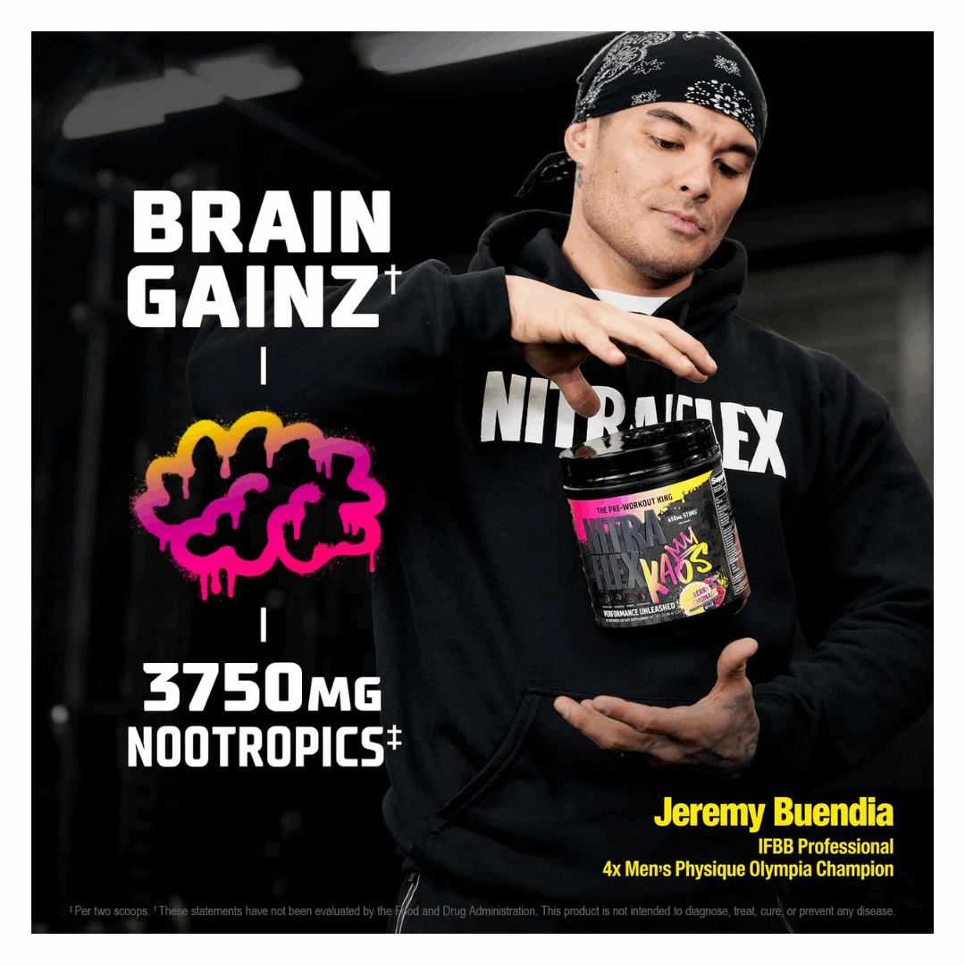 Person holding a supplement container with 'Brain Gainz' and 'Nitratex' branding.