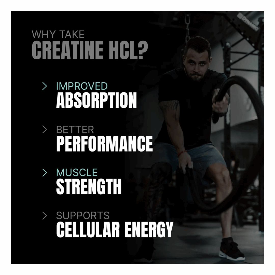 Person using resistance bands with text about creatine HCL benefits on a black background