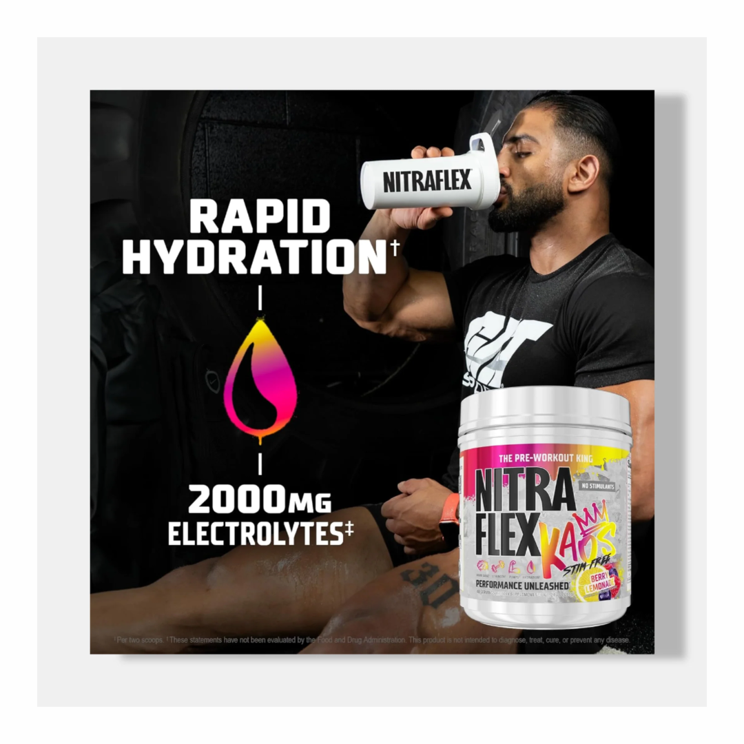 Person holding a Nitraflex supplement container with promotional text about rapid hydration and electrolytes.