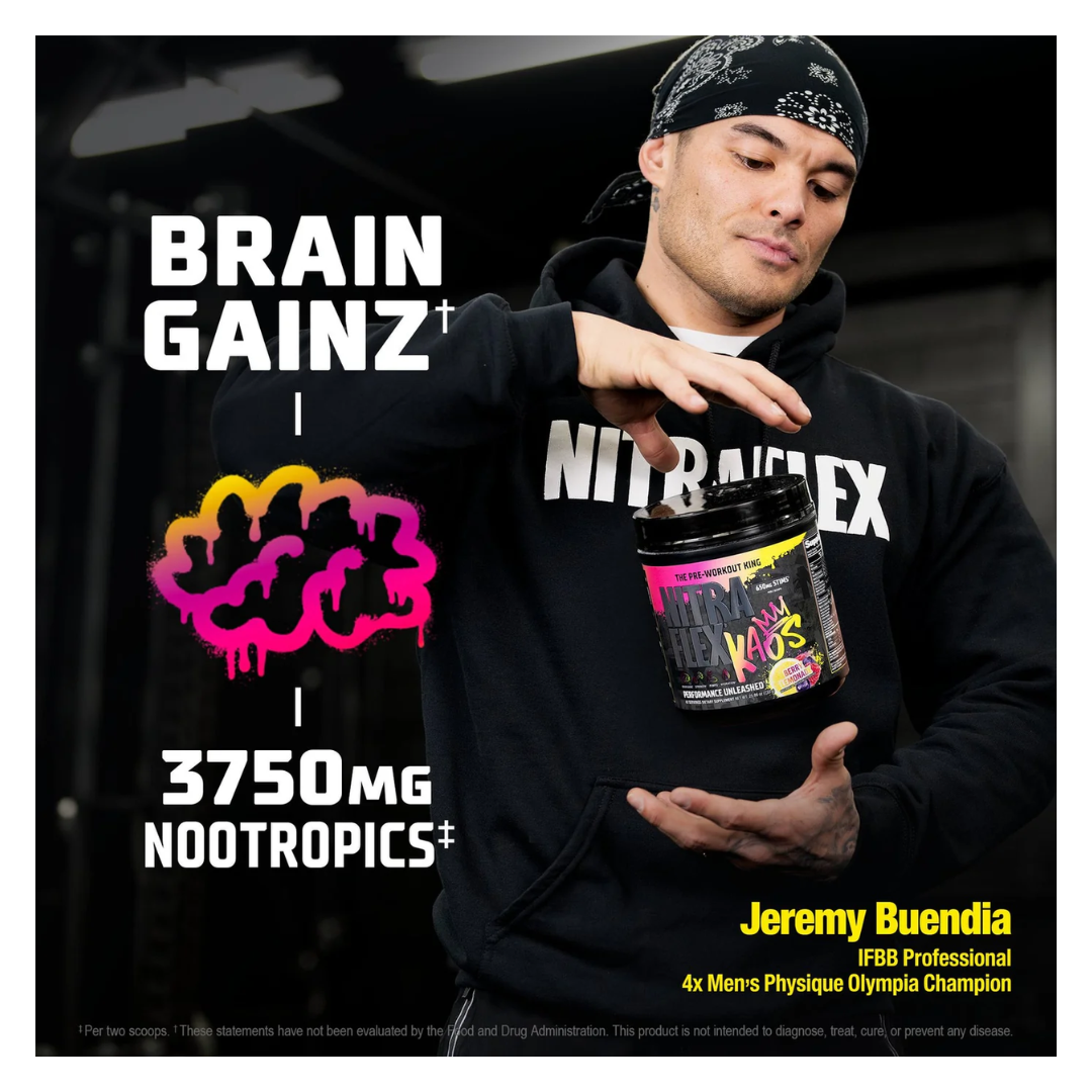 Person holding a supplement container with 'Brain Gainz' and 'Nitratex' branding.