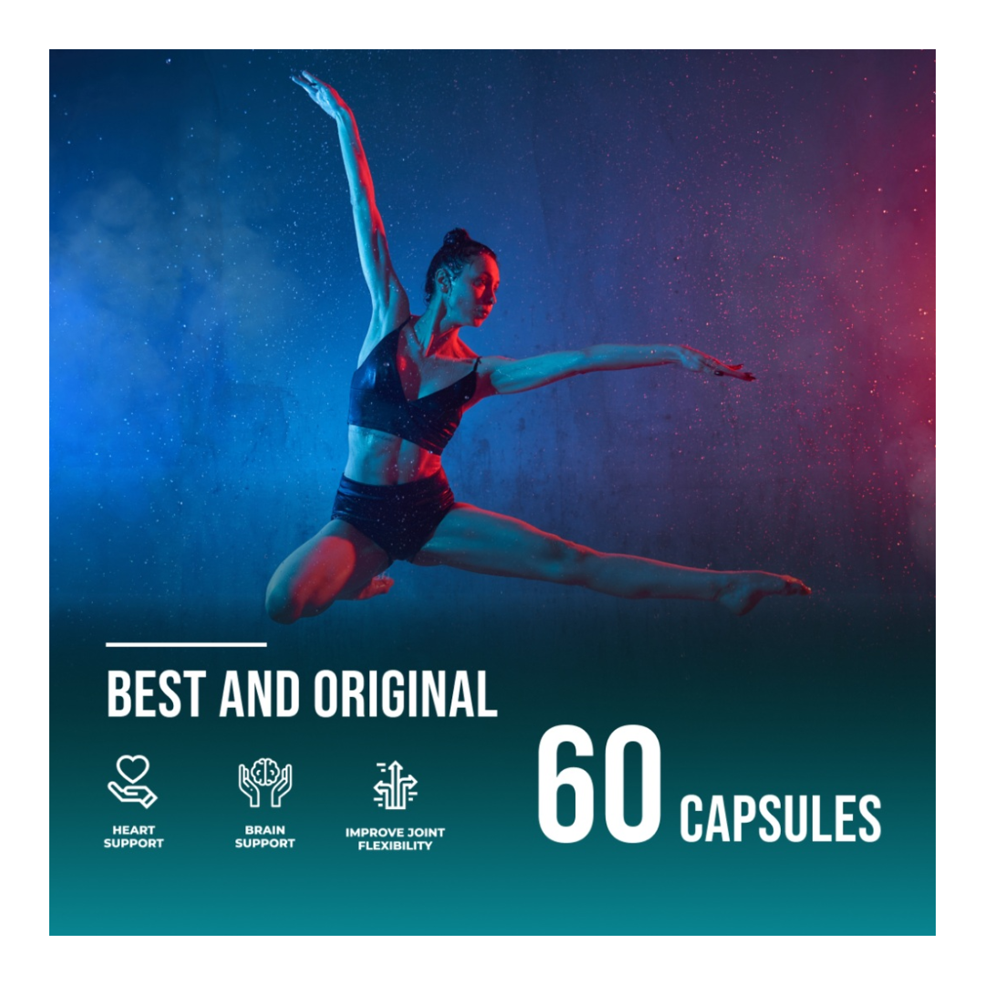 Person in athletic pose with product promotion text and graphics on a blue and purple gradient background