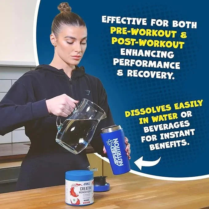 Person pouring a supplement into a container with promotional text about its effectiveness for pre-workout and post-workout use.