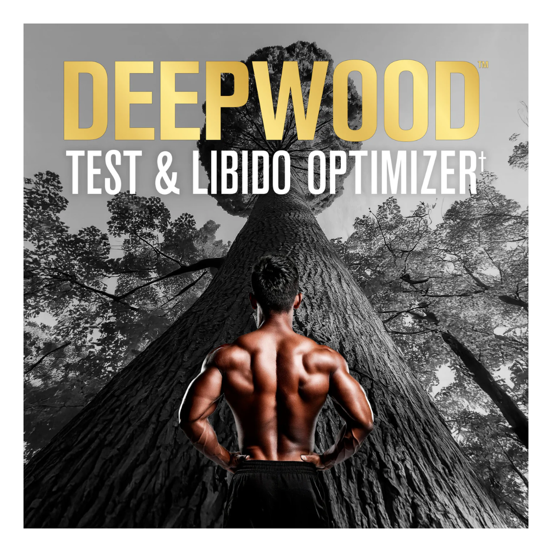 Person standing behind a large tree with 'DEEPWOOD' product packaging in the foreground