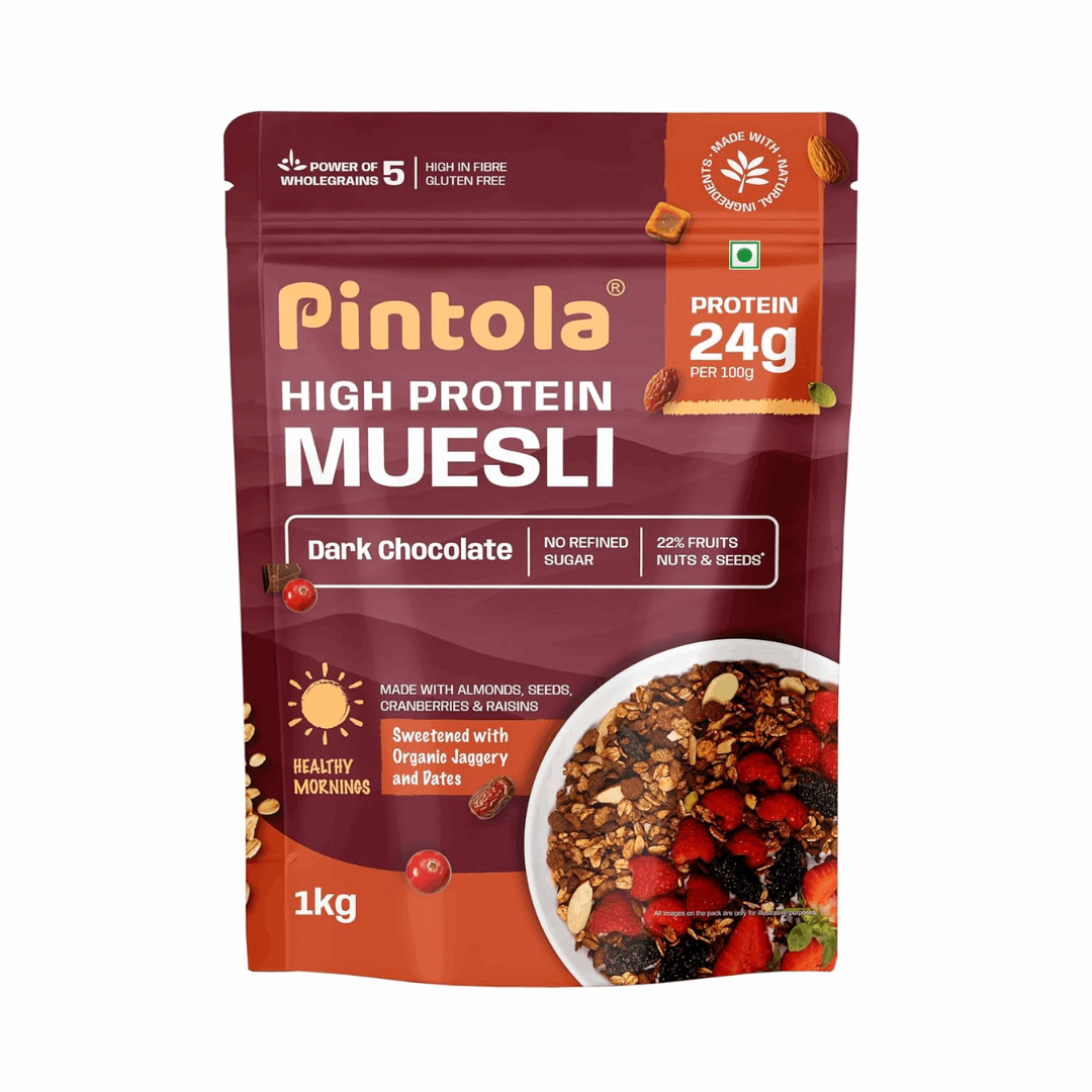 Pintola High Protein Muesli package with dark chocolate flavor on a white background