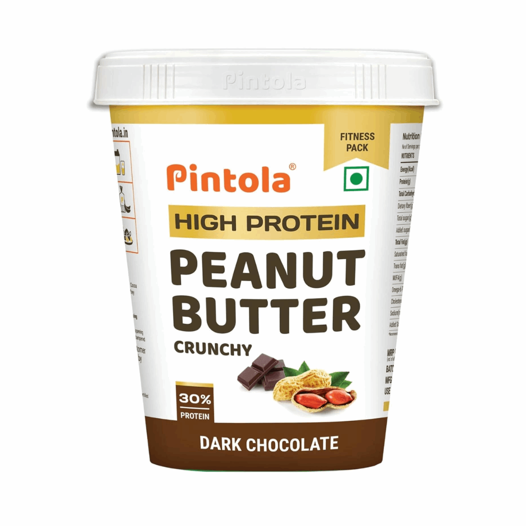 Pintola High Protein Peanut Butter Crunchy Dark Chocolate flavor container on a white background