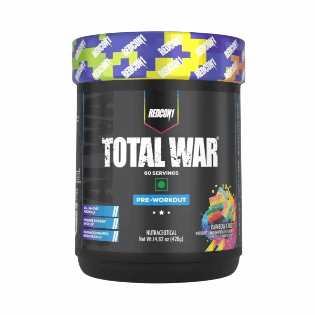 Pre-workout supplement container labeled 'Total War' by Redcon1 on a white background