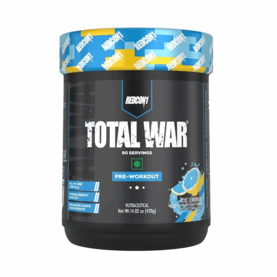 Pre-workout supplement container labeled 'Total War' by Redcon1 on a white background