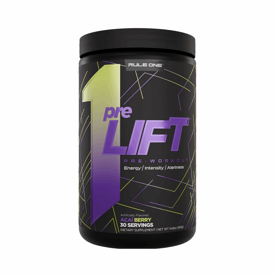 Pre workout supplement container labeled 'preLIFT' by Rule One on a white background