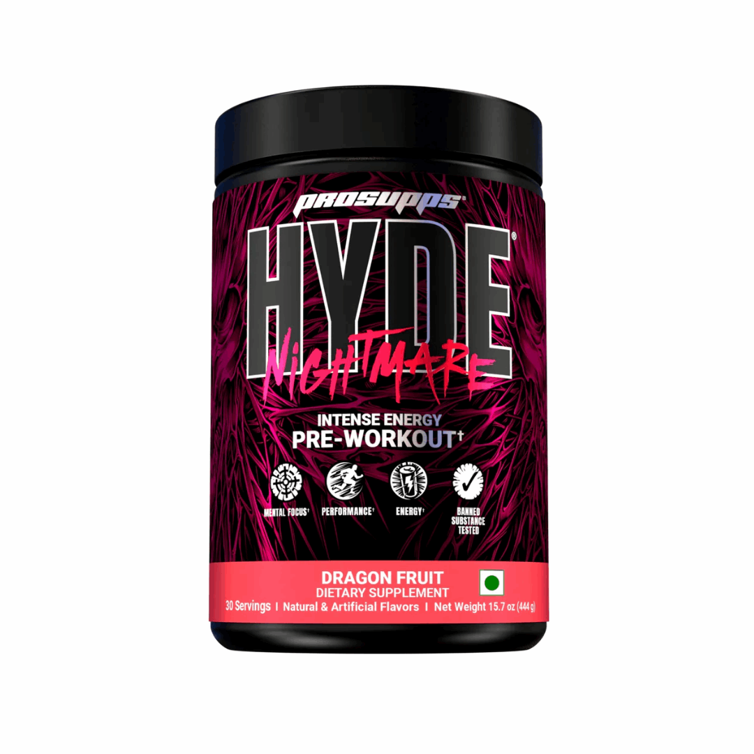 Pre-workout supplement container with 'ProSupps Hyde Nightmare' branding on a white background