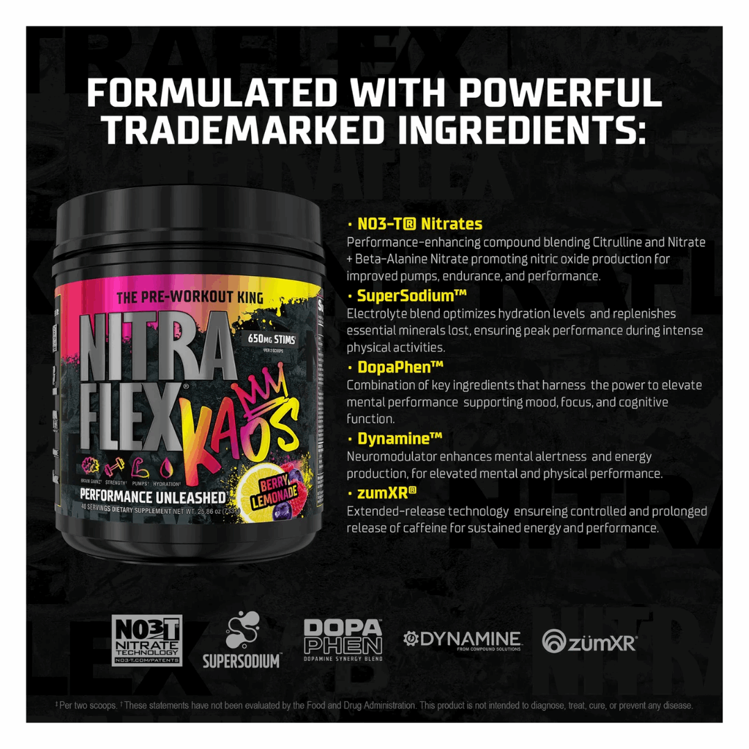 Pre-workout supplement container with brand names on a black background