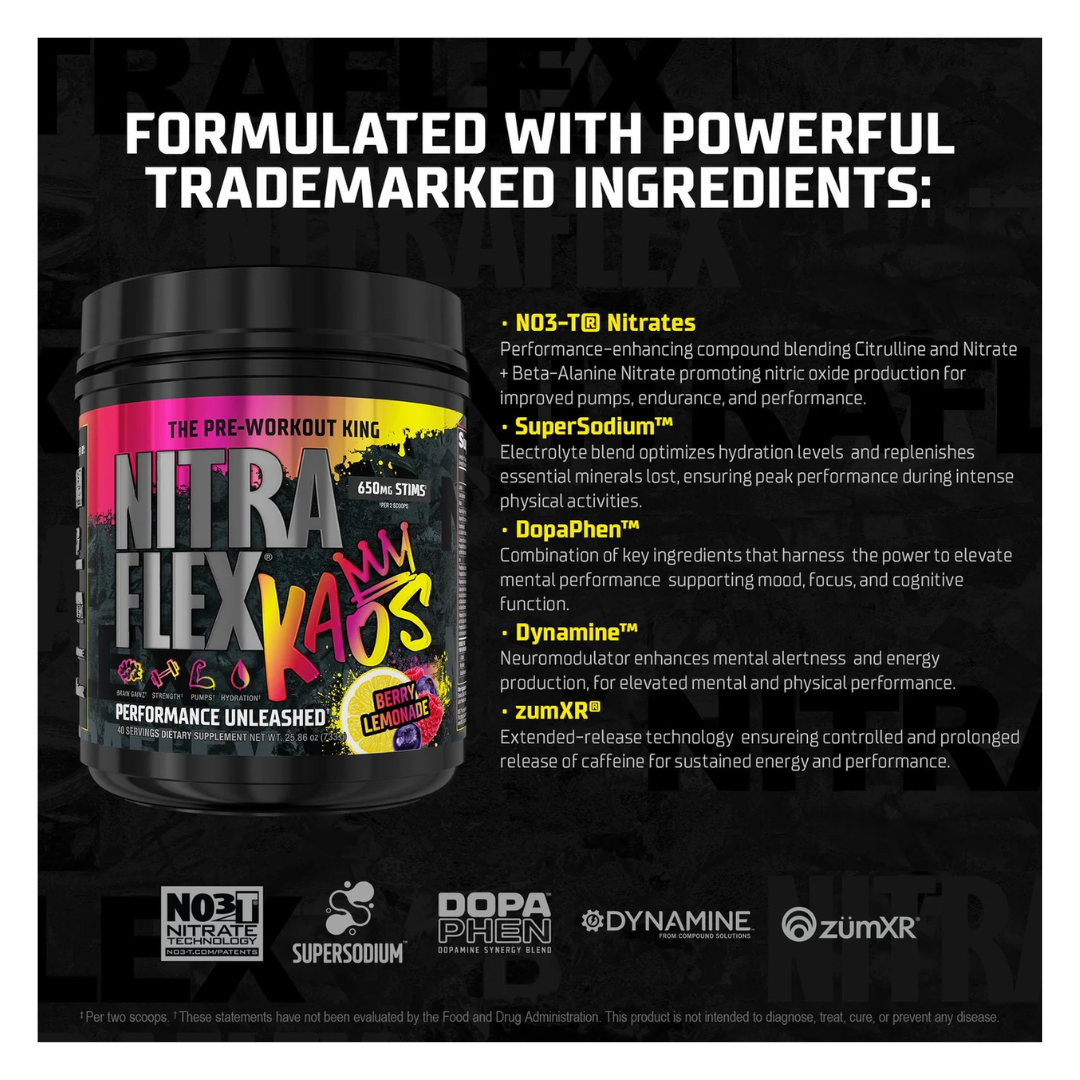 Pre-workout supplement container with brand names on a black background