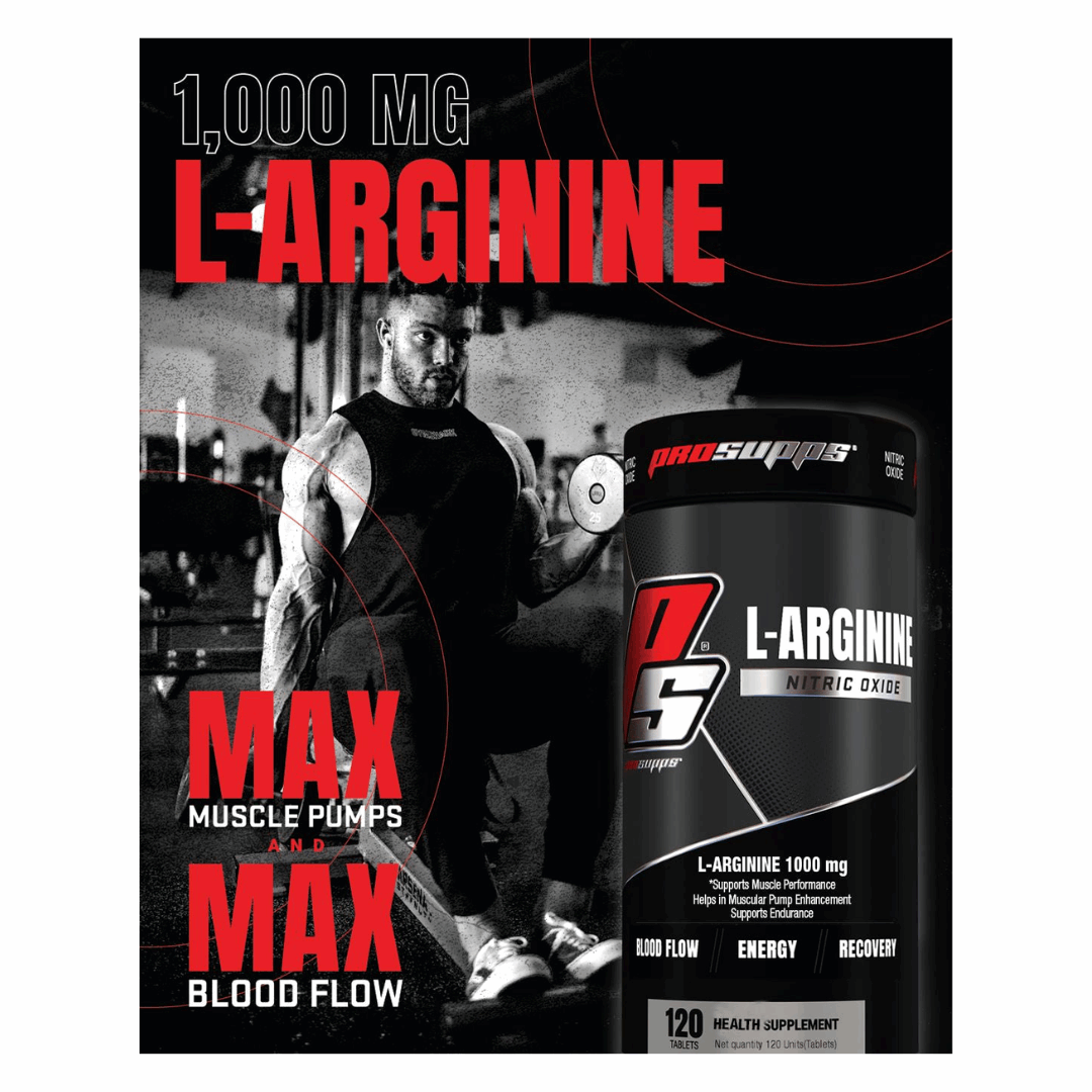ProSupps L-Arginine supplement container with a gym background and text highlighting benefits.