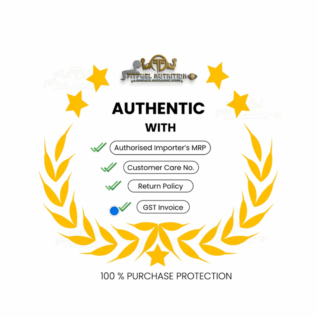 Product authenticity guarantee with Michael Nutrition logo and features listed on a white background.