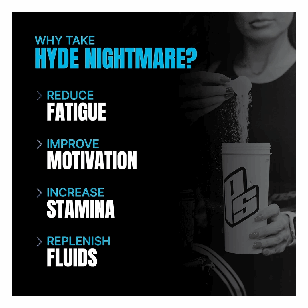 Promotional graphic for Hyde Nightmare supplement with text on benefits and a person holding a container.