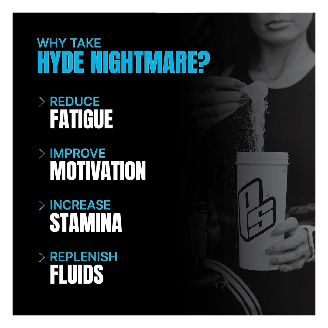 Promotional graphic for Hyde Nightmare supplement with text on benefits and a person holding a container.
