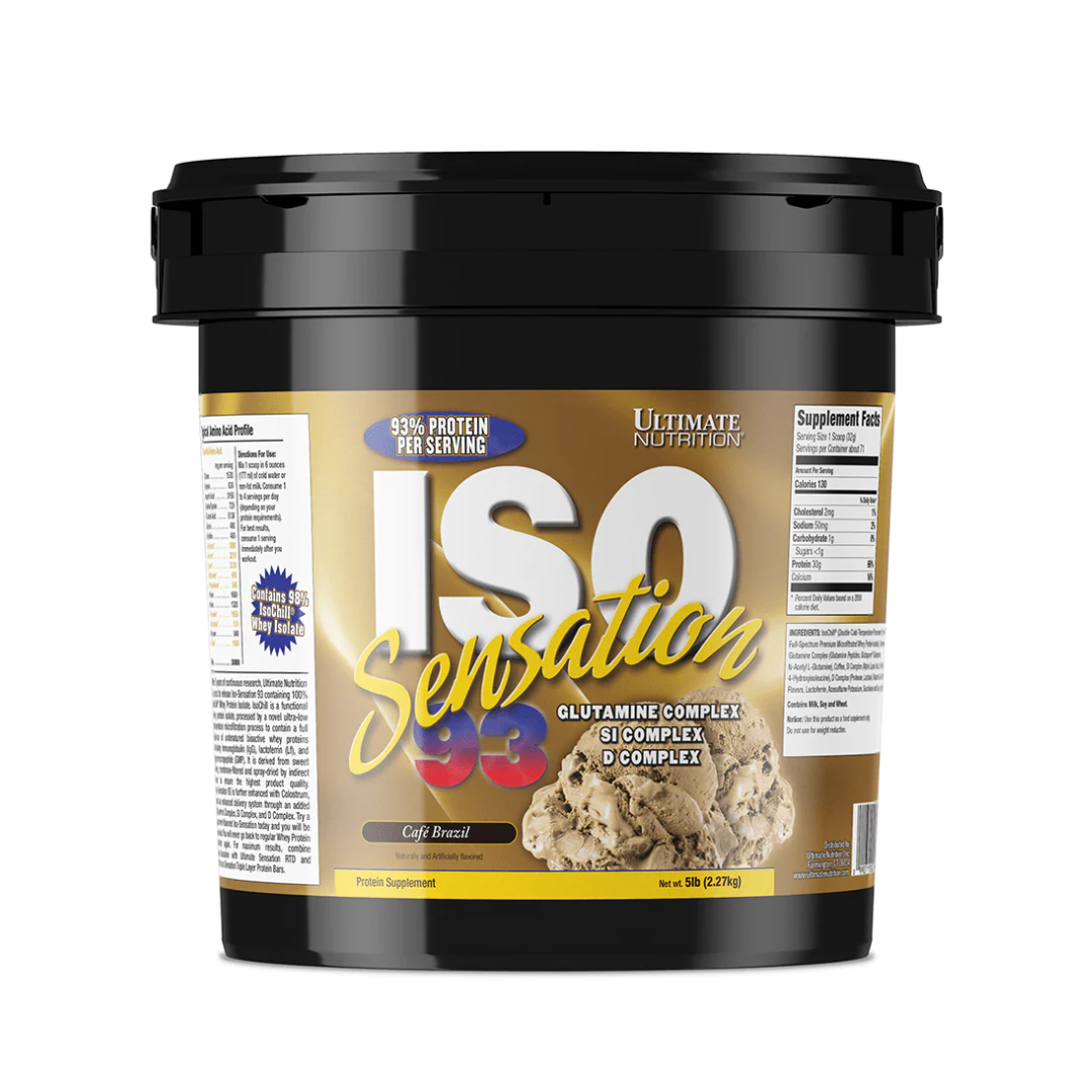 Protein supplement container labeled 'ISO Sensation' by Ultimate Nutrition on a white background
