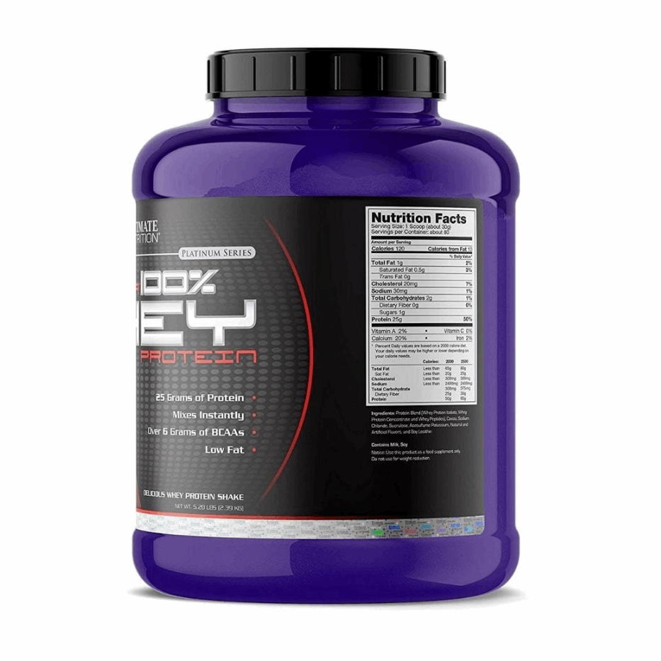 Purple protein supplement container with black label on a white background