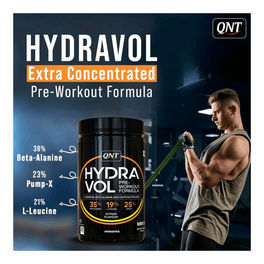 QNT Hydra Vol pre-workout formula supplement with a person in a gym setting