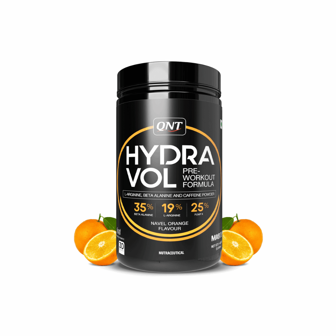 QNT Hydra Vol pre-workout formula supplement with oranges on a white background