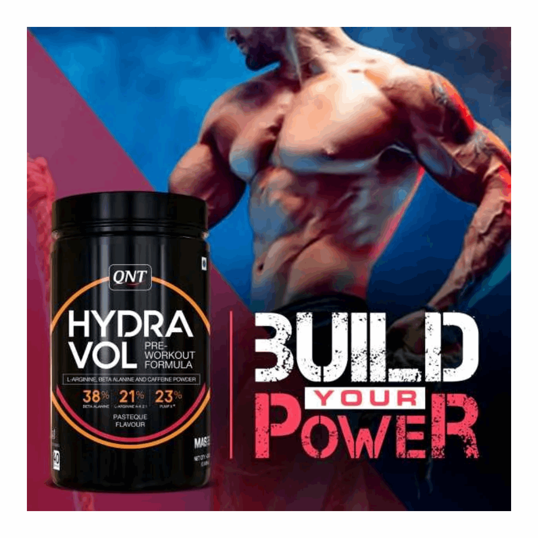QNT Hydra Vol pre-workout supplement with a muscular person lifting weights in the background and 'Build Your Power' text.