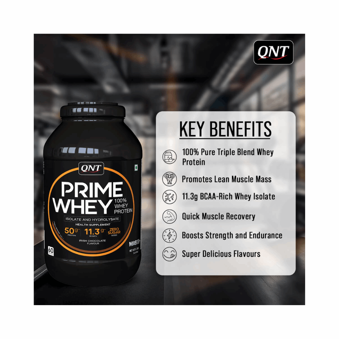 QNT Prime Whey protein powder container with key benefits listed on a white background