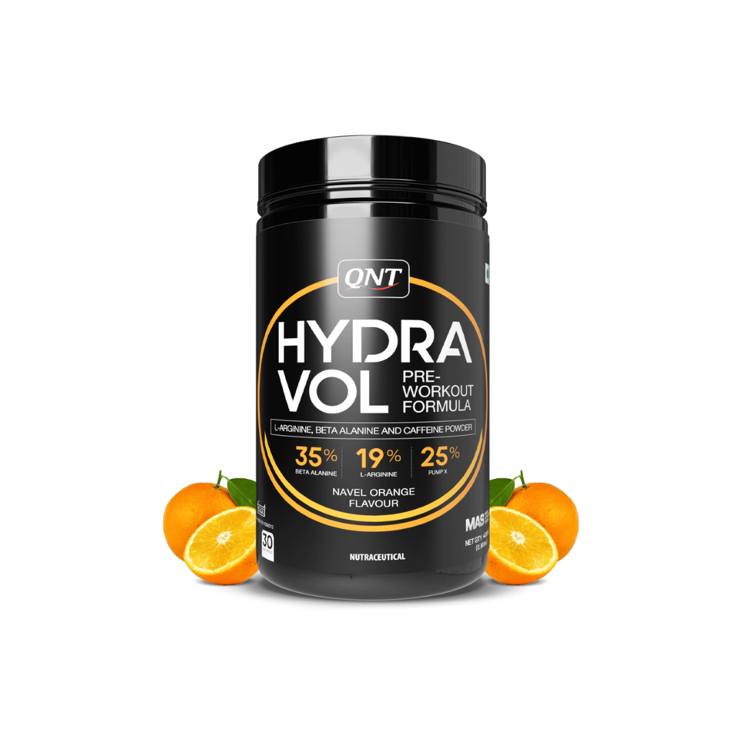 QNT Hydra Vol pre-workout formula supplement with oranges on a white background