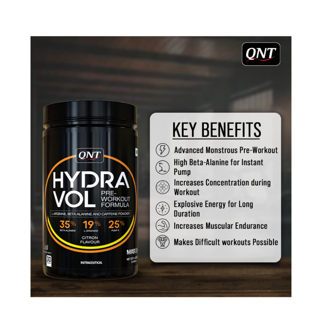 QNT Hydra Vol pre-workout supplement with key benefits listed on a wooden surface