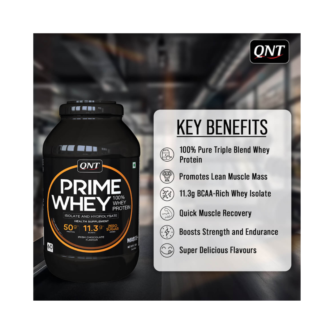QNT Prime Whey protein powder container with key benefits listed on a white background