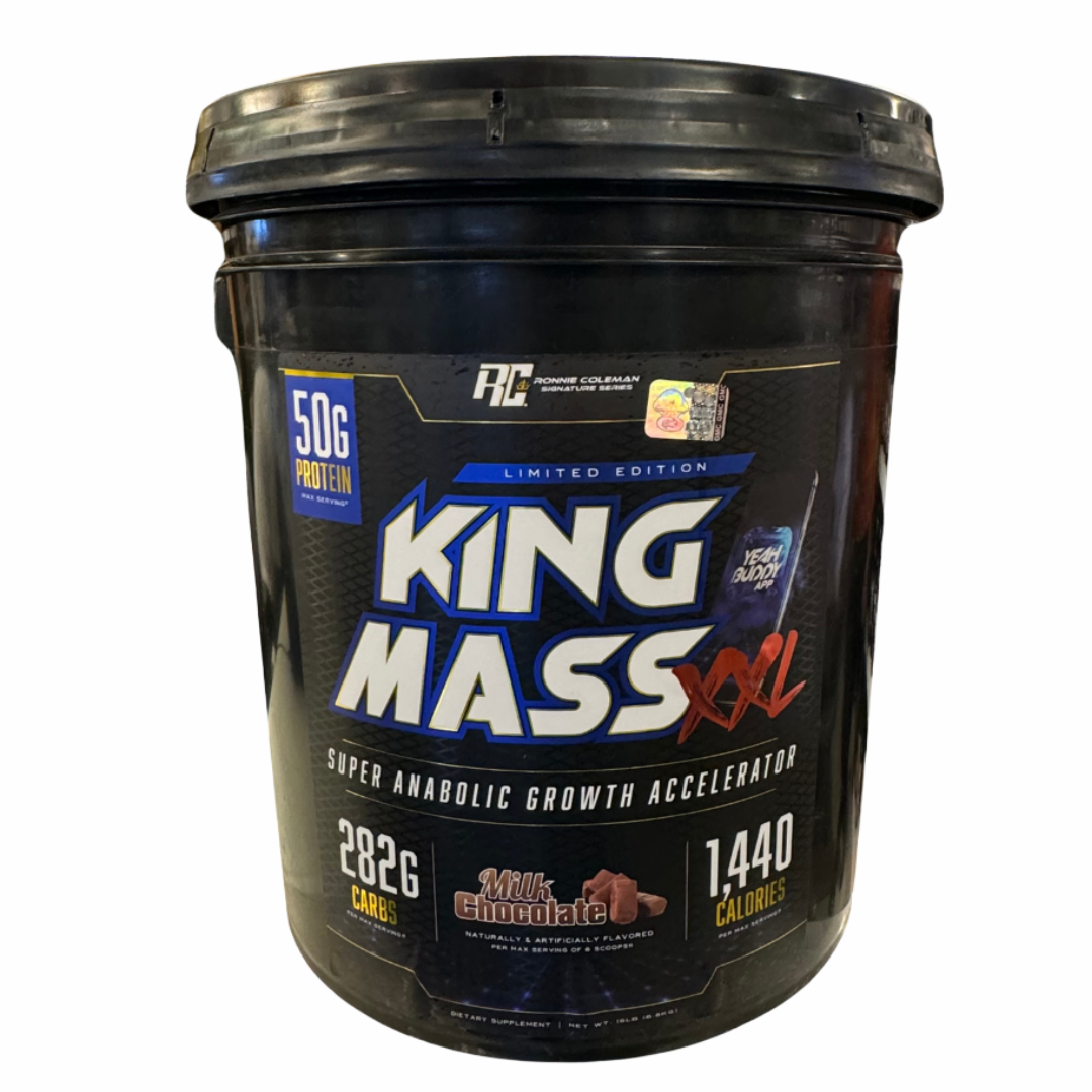 Black supplement container labeled 'King Mass XL' on a white background