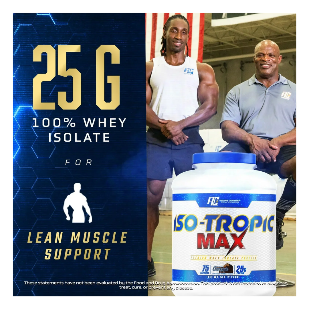 Whey protein supplement container with two men in a gym setting