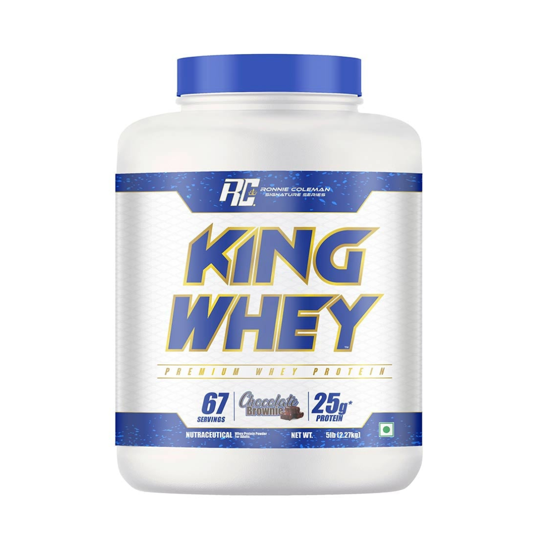 King Whey protein powder container with blue and white label on a white background