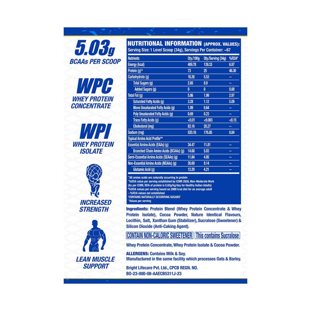 Nutritional information label for a whey protein product on a white background