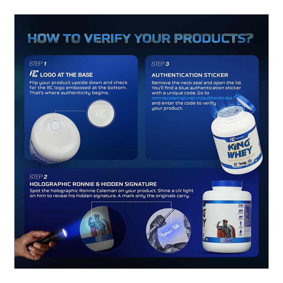 Instructions on verifying King Whey products with logos, holograms, and authentication stickers.