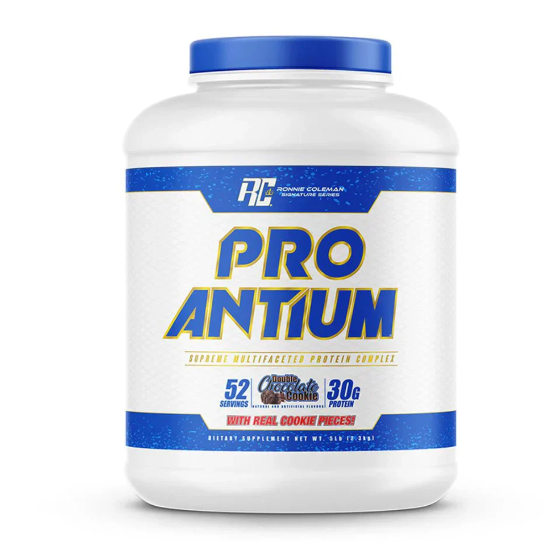 Pro Antium protein supplement container with blue and white label on a white background