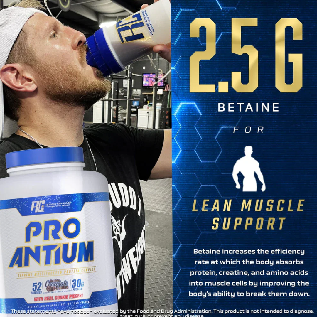 Person holding a Pro Antium supplement bottle with a focus on betaine for lean muscle support.