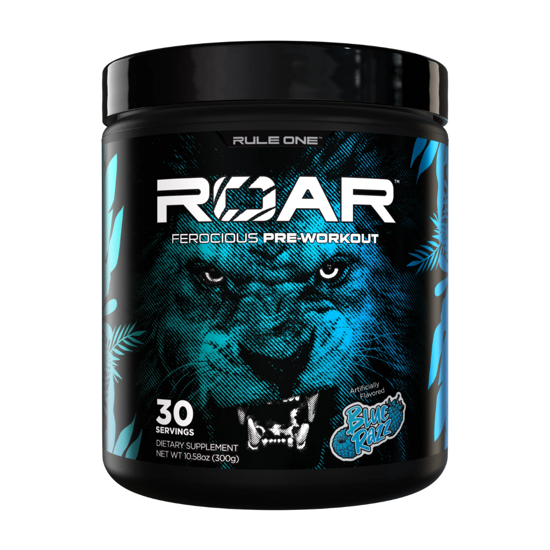 Pre-workout supplement container with ROAR branding on a white background