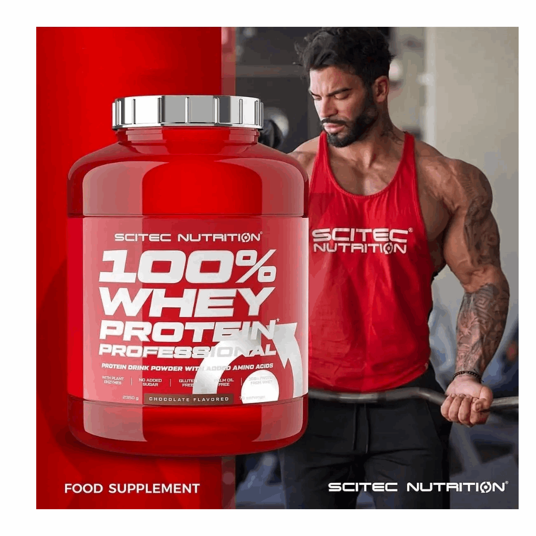 Red Scitec Nutrition 100% Whey Protein container with a person in a gym wearing a red tank top.