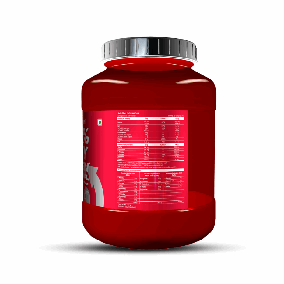 Red protein supplement container with a label on a white background