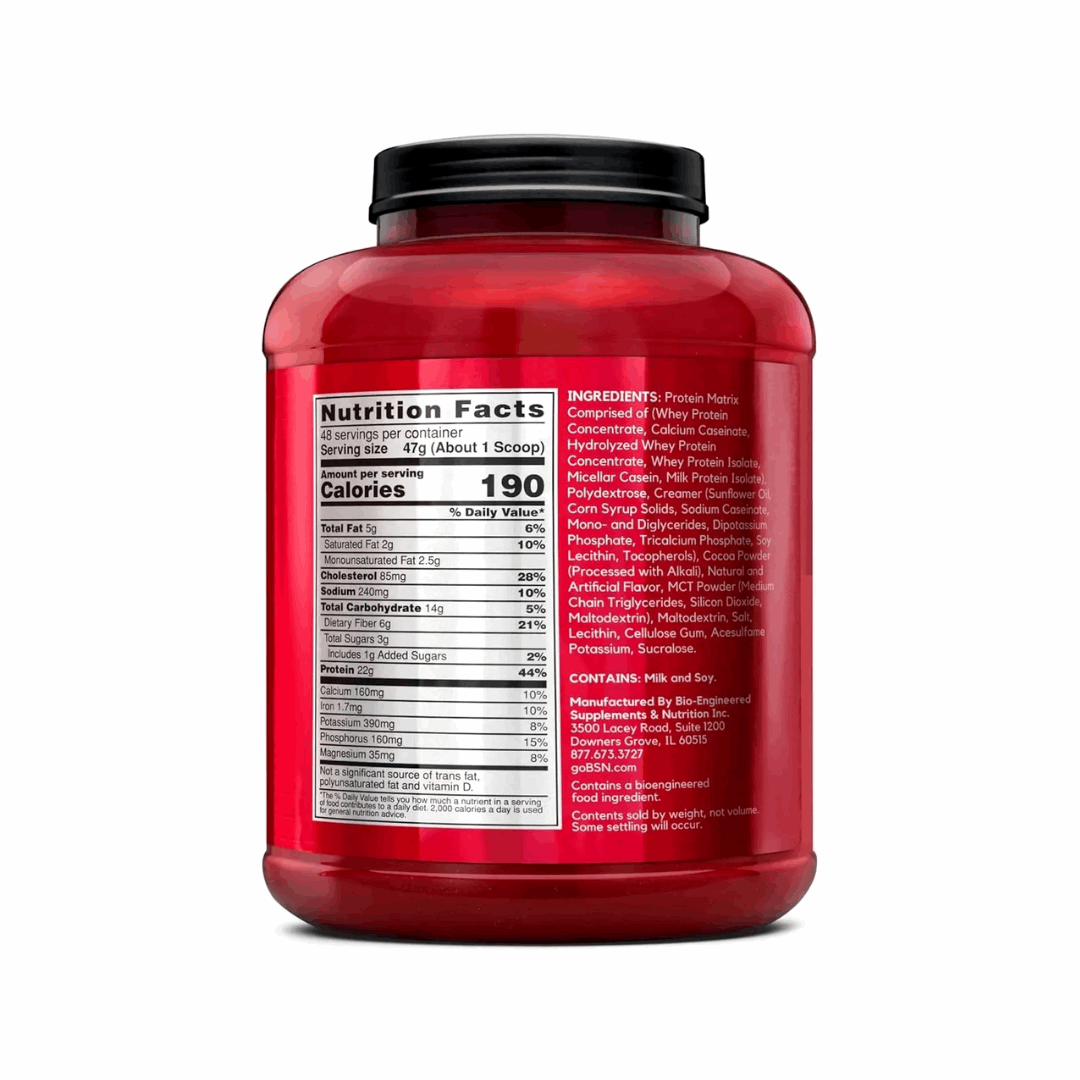 Red protein supplement container with nutrition facts label on a white background