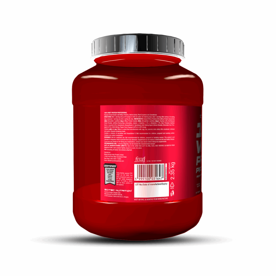 Red protein supplement container with 'Scitec Nutrition' branding on a white background