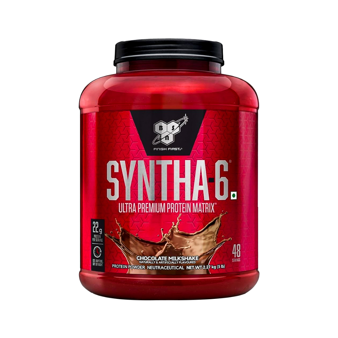 Red protein powder container labeled 'Syntha-6' on a white background