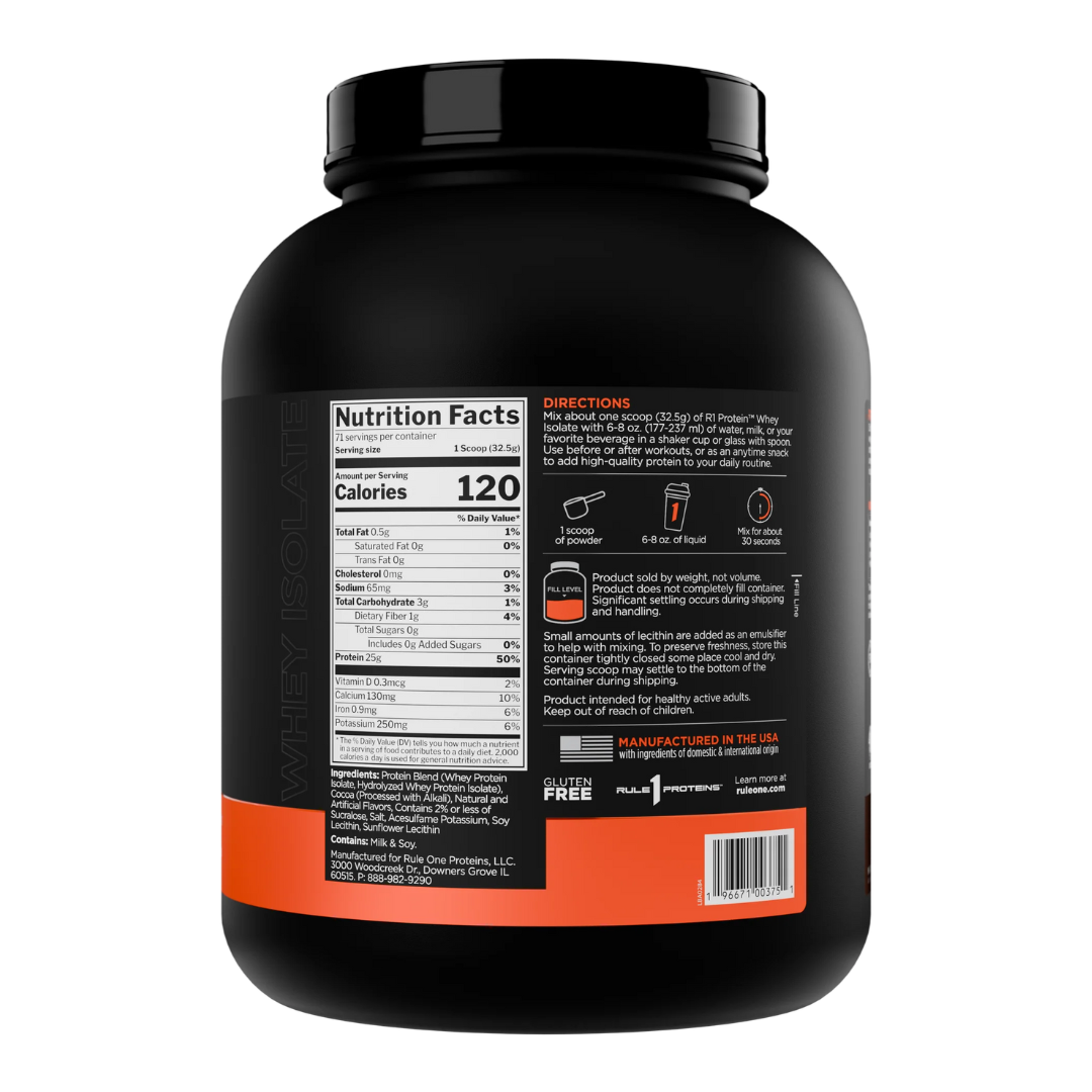 Rule 1 Whey Isolate protein powder container on a white background