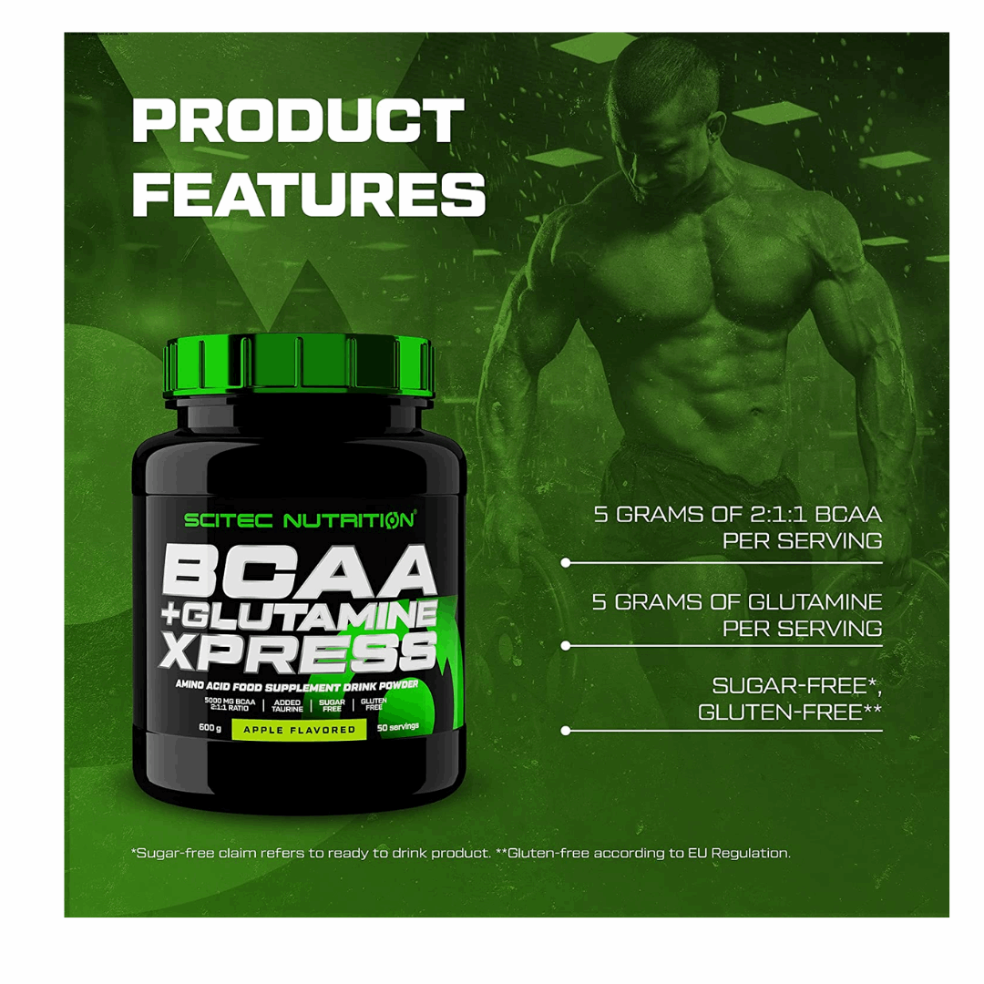 Scitec Nutrition BCAA + Glutamine XPress supplement bottle with a muscular man in the background on a green-themed product features page.