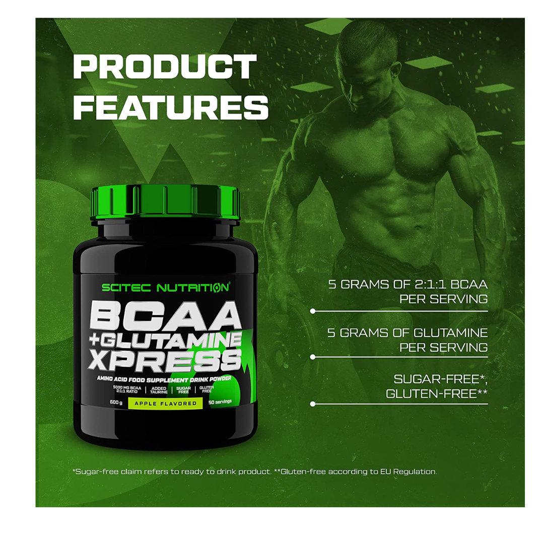 Scitec Nutrition BCAA + Glutamine XPress supplement bottle with a muscular man in the background on a green-themed product features page.